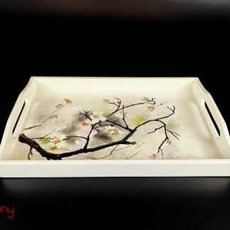 White rectangular lacquer tray with hand painted apricot 